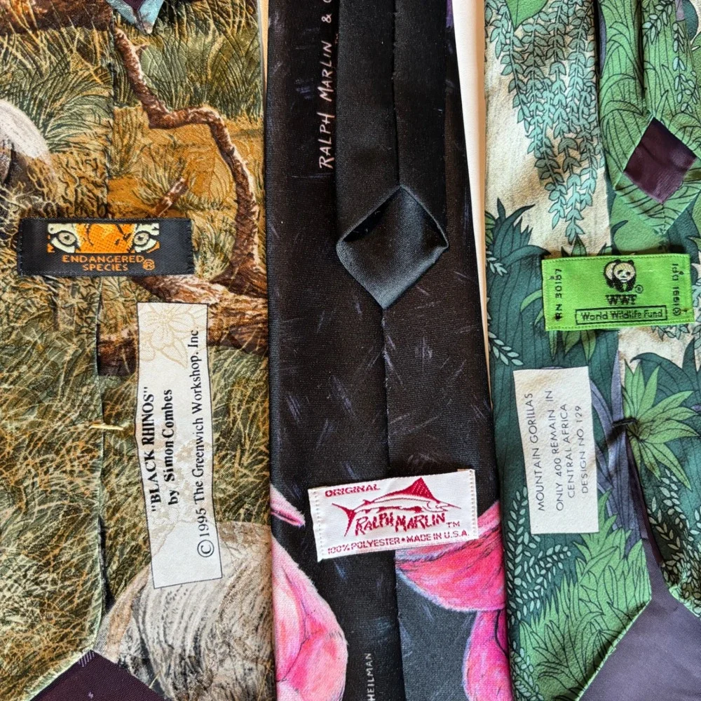 Lot 3 Vtg Animal Print Neckties Wildlife Endangered Species WWF Mens Tie Novelty